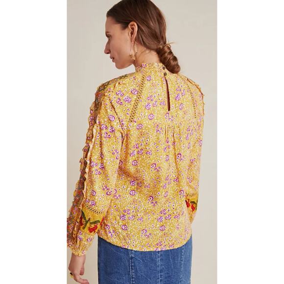 Maeve Anthropologie Goldie Embroidered Blouse Gold Yellow Floral Ruffled Sz 4 - Picture 5 of 14